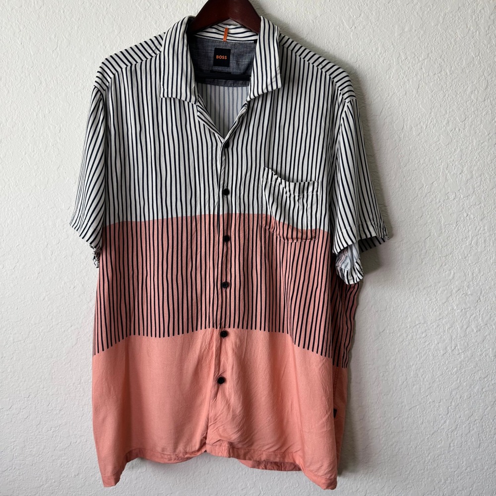 Hugo Boss‎ Mens Rhythm_3 Striped Colorblock Viscose Shirt XXL Navy Coral Pink